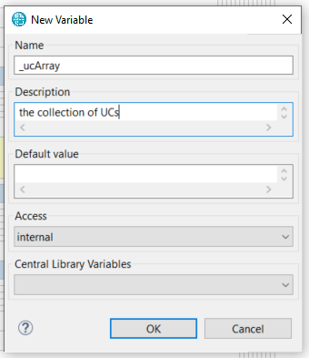 Define name, description, default value, access and central library variables